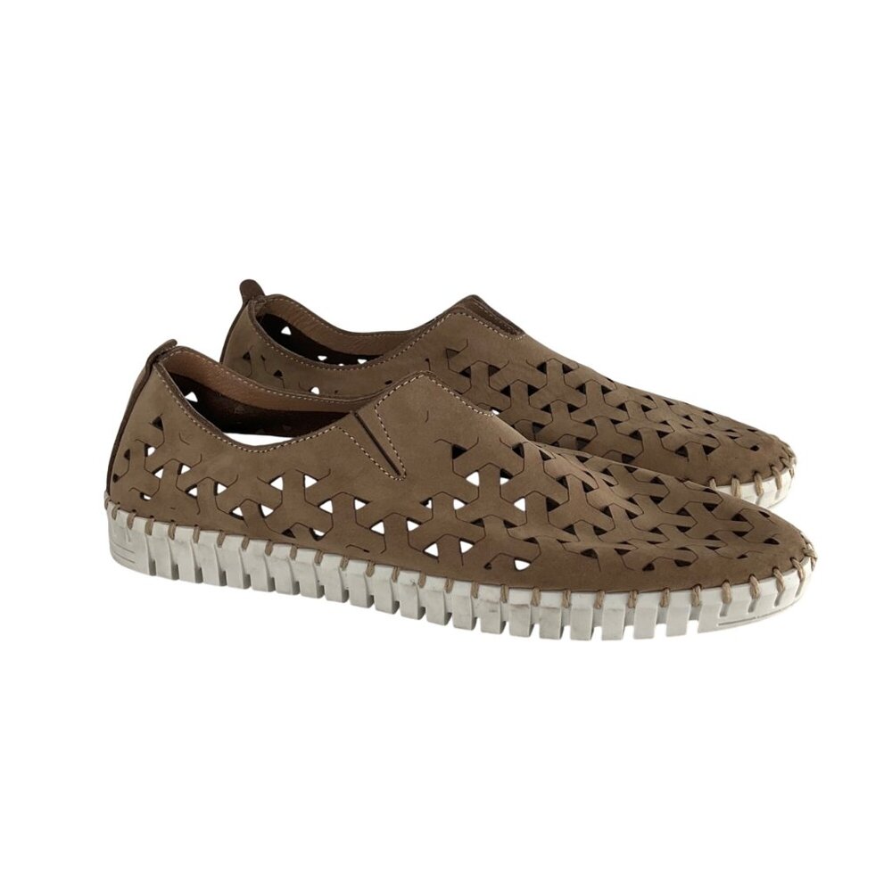 Eric Michael Womens Inez Leather Slip-On Shoes Safari Tan/Beige Perforated Size